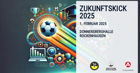 Logo des Zukunftskicks 2025 auf der linken Seite und unten sind noch die Logos des SWFV, Sportbund und Arbeitsagentur abgebildet