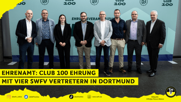 Bildunterschrift v.l.n.r.: Bernd Neuendorf (DFB-Präsident), Axel Rolland (SWFV-Vizepräsident), Hannah Asel (SWFV), Daniel Maurer (TuS Meddersheim), Dietmar Hofmann (TuS Marienborn), Stefan Ohliger (SV Ohmbach), Christoph Rodrian (SV 1921 Guntersblum), Peter Fymuth (DFB-Vizepräsident)