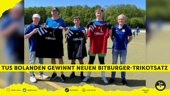 Bildunterschrift v.l.n.r.: Stellvertr. Kreisvors. Andreas Gödtel, Tobias Persohn, Leo Meyer, Till Neumann (alle TuS Bolanden) und Kreisvorsitzender Klaus Schneider