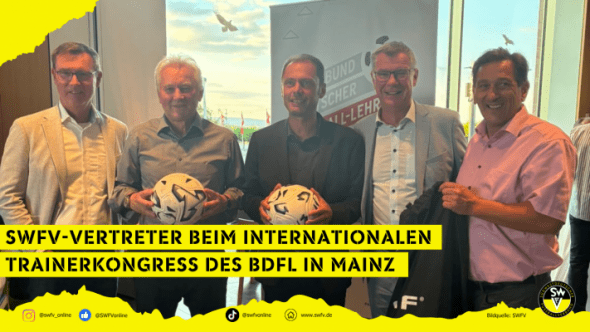 Bildunterschrift: SWFV-Vertreter beim Empfang der Stadt Mainz im Esszimmer des Landtages in Mainz. V.l.n.r.: Stefan Hofmann (Vereins- und Vorstandsvorsitzender 1. FSV Mainz 05), Benno Möhlmann (Präsident Bund Deutscher Fußball-Lehrer), Daniel Köbler (Bürgermeister und Dezernent für Finanzen, Beteiligungen und Sport der Stadt Mainz), Thomas Bergmann (SWFV-Präsident) und Michael Monath (SWFV-Verbandsdirektor)
